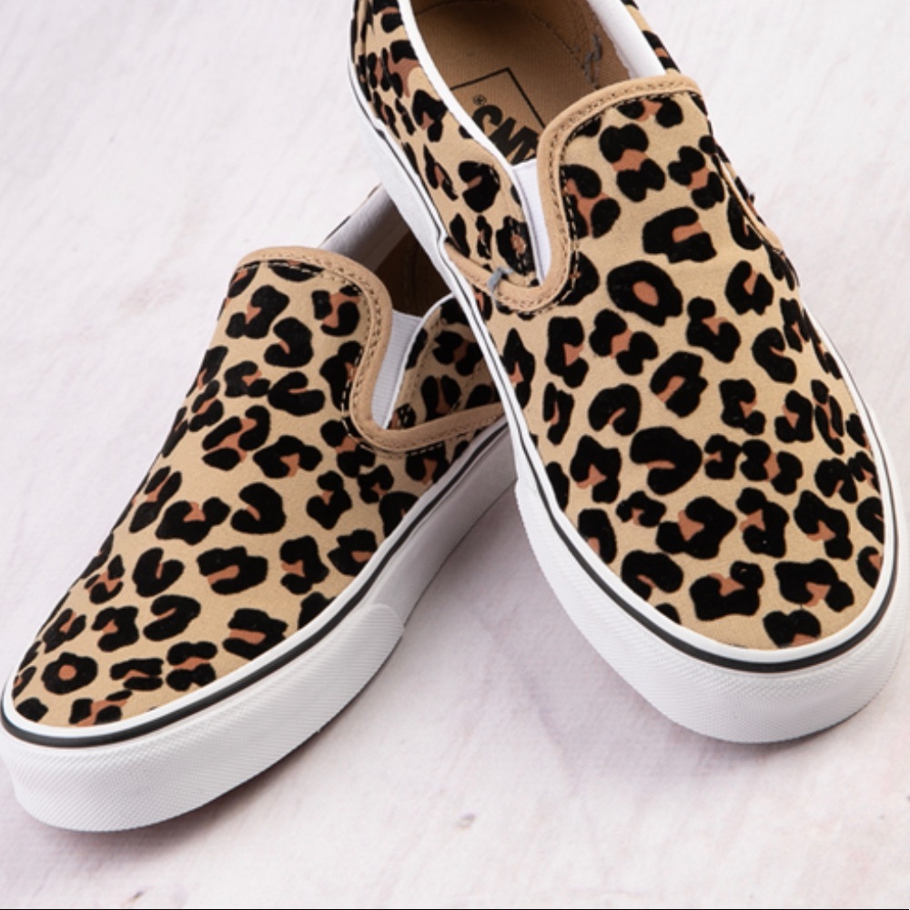 Vans Leopard Print Slip-On Sneakers in Tan and Black